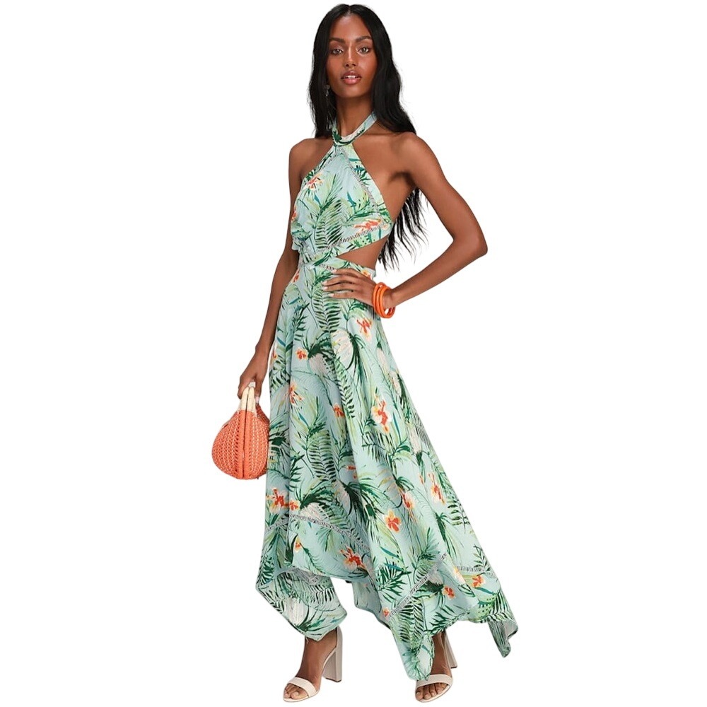 Lulus New Size L St Tropez Mint Blue Leaf Print Halter‎ Dress Vacation